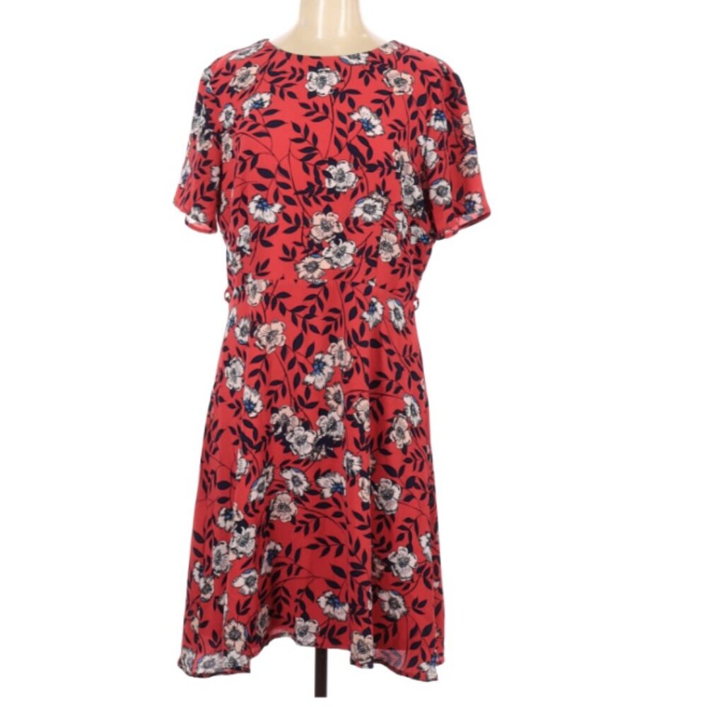 Sugarhill red dress w/white, blue, & black floral pattern, women's size 10